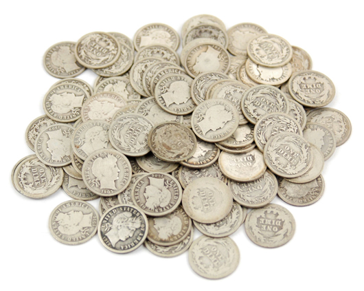 A grouping of Barber dimes from the late 19th century/early 20th centuries sold as one lot for  $1,210. Stephenson’s Auctions image.