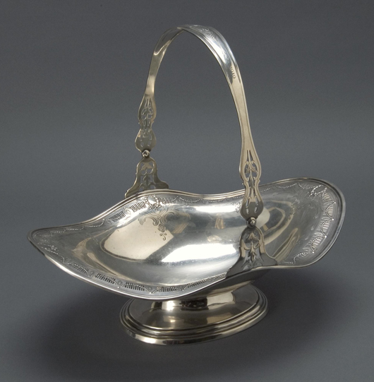 Art Deco Frank Whiting sterling wedding basket, #9363. Estimate: $800-$1,200. Image courtesy of Michaan’s Auctions.