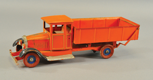 Kingsbury pressed-steel "Little Jim" dump truck, 16 inches long, $1,500-$1,750. Bertoia Auctions image.