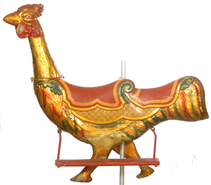 Original wooden English double-seated carousel rooster set on a metal stand, 57 inches by 64 inches. Woody Auction image.