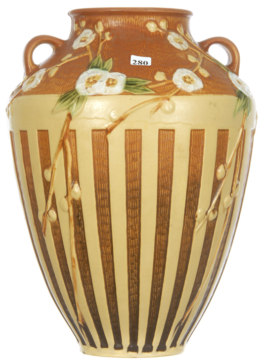 Roseville pottery 15-inch 2-handled floor vase, circa 1930s, with cherry blossom pattern. Woody Auction image.    