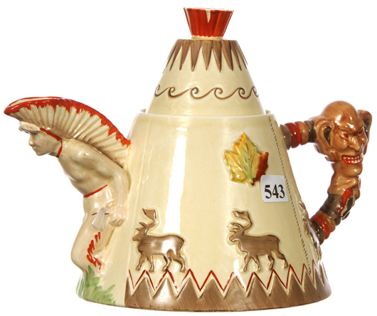 Scarce Clarice Cliff "Tipi" British pottery teapot, with Indian spout and totem pole handle, 6 1/2 inches by 9 inches Woody Auction image. 