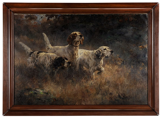 Although the title reads Tripple Point; Bob, Prince and Ned 1924, Bob is on the right, Ned on the left and Prince in the center. Bob was featured in at least one other oil on canvas by Percival Leonard Rosseau, a noted hunting dog painter. The signed painting is one of three Rosseaus in the sale and is expected to bring $40,000-$60,000. Brunk Auctions image.