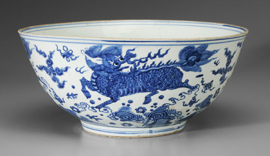 Chinese bowls have been the subject of great and wonderful surprises of late. Watch for fireworks if this 6¾-inch by 15-inch blue and white bowl opens above its $2,000 to $4,000 estimate. 