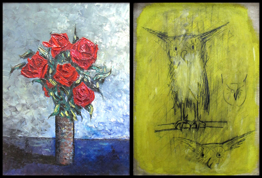 Attributed to Bernard Buffet (French 1928-1999), oil on canvas, red roses in vase, signed with monogram. Note: on verso are studies for owls, of which Buffet did many lithographs. William Jenack image.