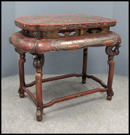 Ming Dynasty Chinese lacquered and carved table, of the period. Collection of Ben Birillo, purchased in London in the 1960s. William Jenack image.