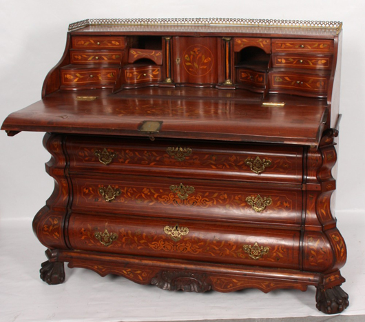 This gorgeous period mahogany Dutch marquetry drop-front secretary will be offered Sept. 25. Image courtesy of Fontaine’s Auction Gallery.
