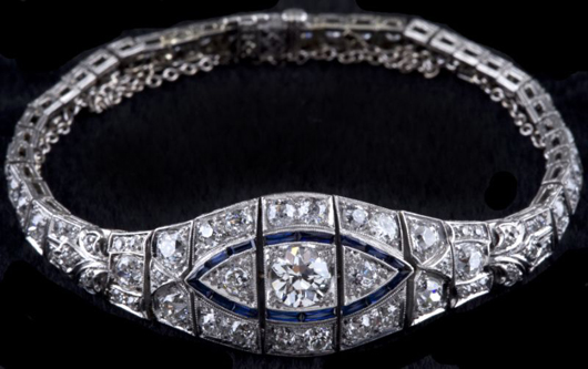 Art Deco diamond and sapphire bracelet with 16 baguette cut sapphires. Image courtesy of Leland Little Auction & Estate Sales Ltd.