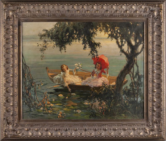 Original oil on canvas painting by Louis Jambour (American, 1884-1955), titled ‘Boating Beauties.’ Image courtesy of Leland Little Auction & Estate Sales Ltd.