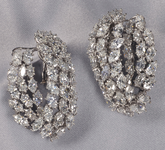 Platinum and diamond ear pendants, Harry Winston, set with eighty marquise-cut diamonds, total weight 17.09 carats, signed, with presentation pouch. Estimate $30,000-$40,000. Image courtesy of Skinner Inc.