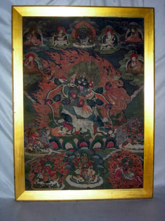 Tibetan Mahakala Thanka painting in ink and gouache on cloth, 31 inches tall by 21 inches wide, $1,887. Image courtesy of Specialists of the South Inc.