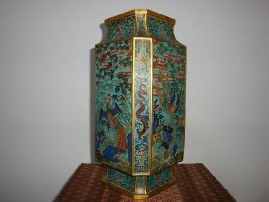 Rare Chinese gilt bronze and cloisonné enamel vase with Quianlong four character mark, approximately 14 1/2 inches high, est. $50,000-$70,000. Image courtesy of Time & Again Auction Galleries.