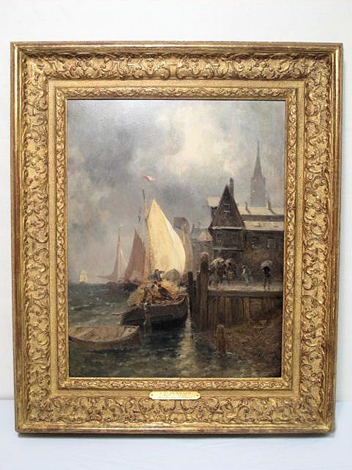 A. Achenbach oil-on-board painting Squally Bay at Antwerp, estimate $2,500-$3,500. Auctions Neapolitan image.