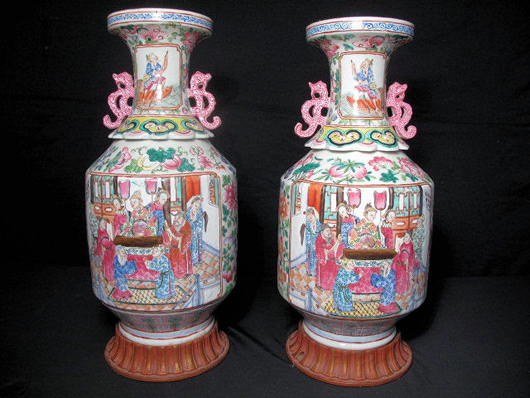 Pair of fine Chinese Qing rose medallion vases, hand painted, 16½ inches tall, estimate $800-$1,200. Auctions Neapolitan image.
