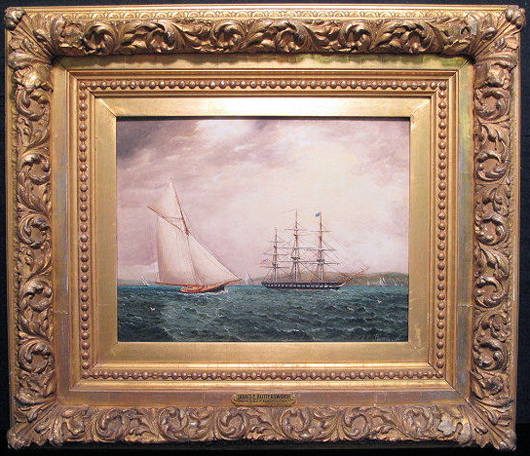 James E. Buttersworth (English, 1817-1894) painting on artist’s panel titled yacht Vixen & U.S.S. Constitution, estimate $35,000-$45,000. Auctions Neapolitan image.