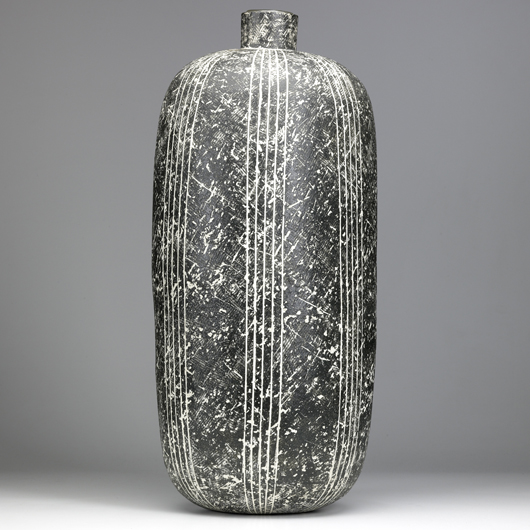 A vertical line pattern emphasizes the height – over 25 inches – of Conover’s ‘Qibal’ vase, which sold in 2009 for $15,860. Image courtesy of Rago Arts and Auction Center.