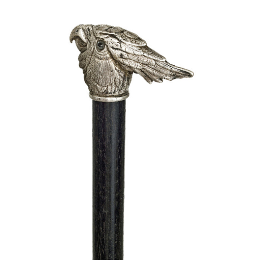 Silver French bird cane, late 19th century, ebony shaft, colored glass eyes and a long horn ferrule, est. $400-$700. Image courtesy of Kimball M. Sterling Inc.