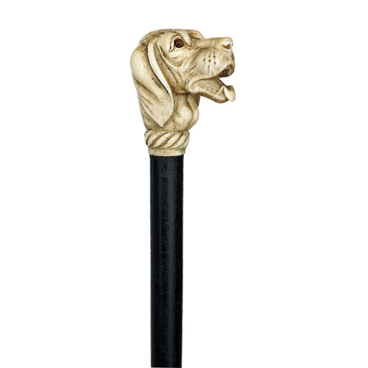Ivory dog cane, circa 1870, nice detail with crystal eyes, carved collar, ebony shaft and a brass ferrule, est. $700-$1,000. Image courtesy of Kimball M. Sterling Inc.