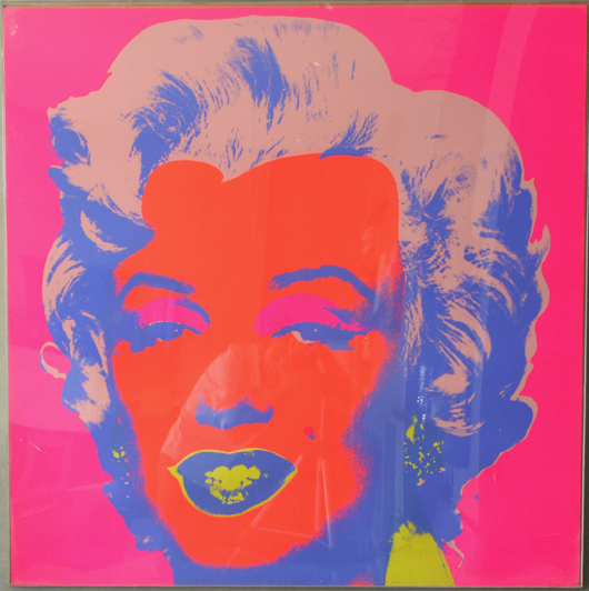 Andy Warhol, 'Marilyn Monroe,'  silkscreen on museum board, signed and marked 'Edition Sunday B Morning 94/250' and stamped 'fill in your own signature' on verso, 36 inches square, est. $2,000-$2,500. Image courtesy of Kaminski Auctions.
