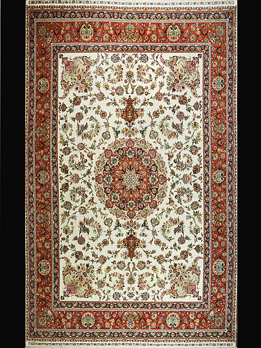 Tabriz carpet, central Persia, circa 1990, 16 feet 5 inches by 11 feet two inches, est. $25,000-$35,000. Image courtesy of Morton Kuehnert Auctioneers.