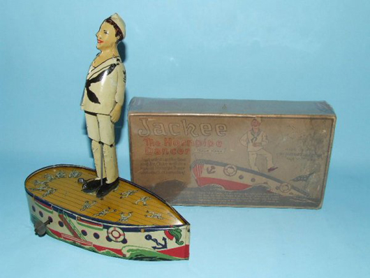 Strauss Jackee Hornpipe Dancer tin windup toy with box, 1920s, all original. Estimate $900-$1,200. Image courtesy Toys of Times Past and LiveAuctioneers.com.