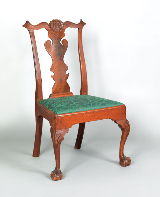 Delaware Valley Chippendale walnut dining chair, circa 1765, retains old dry surface. Provenance: Chris Rebollo Antiques, est. $5,000-$8,000. Image Pook & Pook Inc.