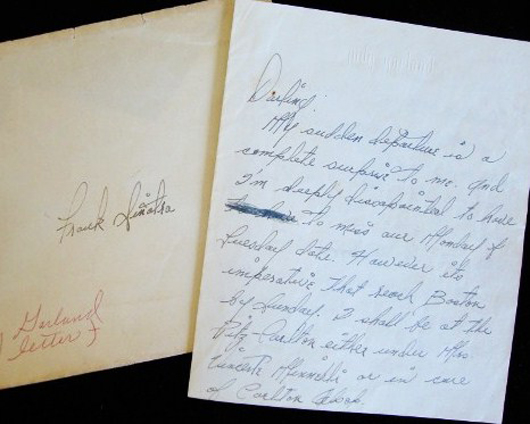 ‘Think about me because I shall be thinking of you always,’ wrote Judy Garland in this love letter sent to Frank Sinatra. The handwritten four-page letter on Garland’s personal stationery has a $1,000-$2,000 estimate. Image courtesy of Mid-Hudson Auction Galleries.
