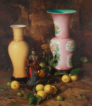 Frederik Ebbesen Grue (American, 1951-1995), still life of Chinese vases, figure and fruit, signed oil on panel, inscribed verso: ‘The Arbour Collection,’ 36 inches by 29 1/2 inches, est. $19,888-$33,146. Image courtesy of Sheppards Irish Auction House.