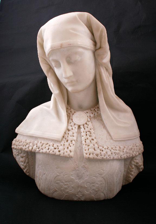 E. Ferrarini, bust of a young woman wearing a veil and a lace bodice, 22 1/2 inches high, est.  $3.977-$6,630. Image courtesy of Sheppards Irish Auction House.