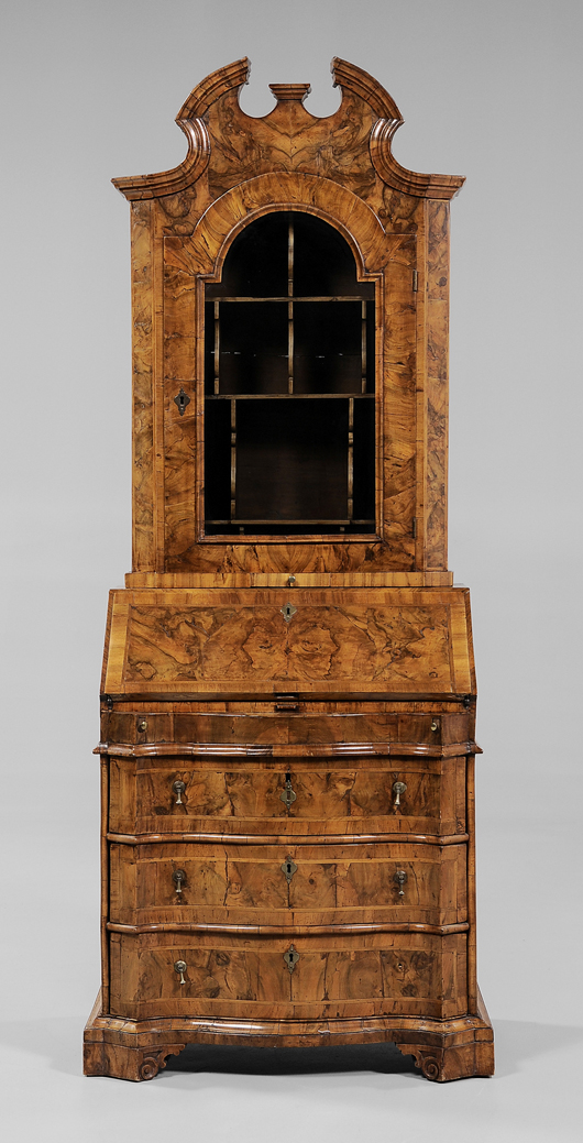 From a private collection in Tryon, N.C., this 86 1/2-inch X 34 1/2-inch X 22-inch two-part Continental secretary surprised many when it sold for $18,400, over four times its high estimate. Image courtesy of Brunk Auctions.