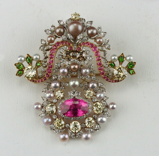 Once known only from the artist’s drawings, this Tiffany brooch designed by Paulding Farnham in the late 19th century is set with colored pearls and gemstones. Skinner sold the work back to the Tiffany archives in 2000 for $63,000. Image courtesy of Skinner Inc.