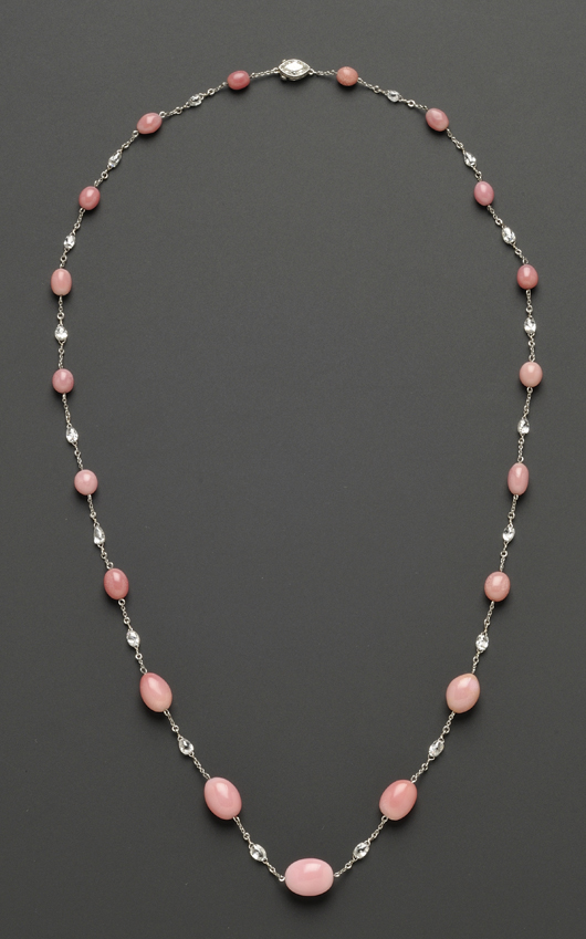 Found in varying shades of pink, conch pearls are formed naturally in the shell of the queen conch, which is found in the Florida Keys and Bahamas. A necklace, featuring 19 graduated conch pearls spaced with diamonds, sold in March for $51,000. Image courtesy of Skinner Inc.