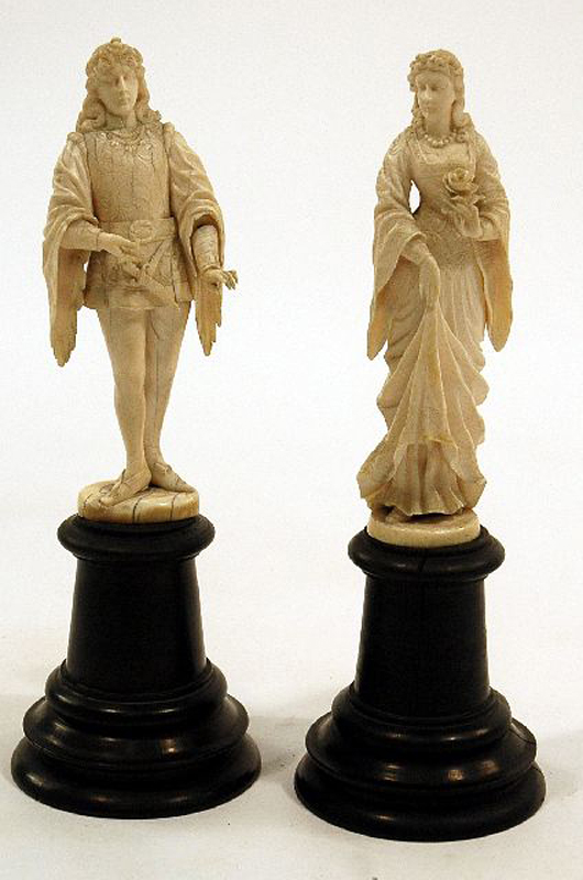 Dressed in 17th-century fashion is a pair of Continental carved ivory figures that date to the 18th or 19 century. The 7-inch-tall figures have a $1,500-$2,500 estimate. Image courtesy of Gray’s Auctioneers.