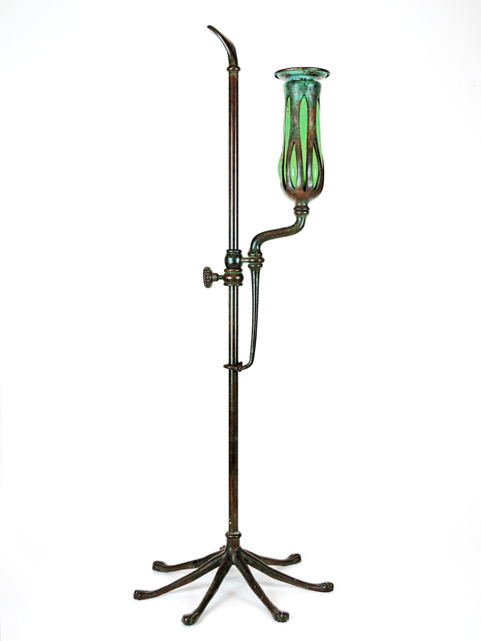 This unusual Tiffany Studios candlestick sold for $10,800. Image courtesy of Morton Kuehnert Auctioneers & Appraisers.