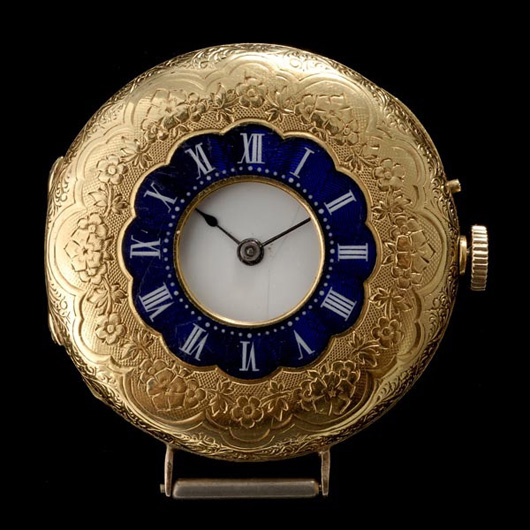 Demi-hunting case, 18-karat gold, enamel pocket watch, jeweled movement, estimate: $400-$600. Image courtesy of Michaan’s Auctions.