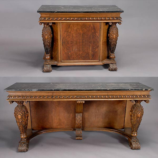 Pair of elaborately carved Renaissance Revival black marble-top walnut sideboards, 34 1/2 x 44 x 21 inches and 36 x 75 1/2 x 21 1/2 inches, estimate: $800-$1,200. Image courtesy of Michaan’s Auctions.