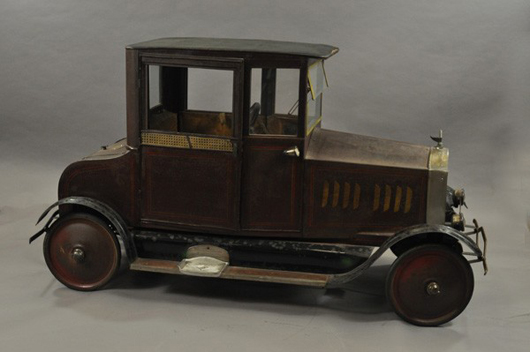 Circa-1925 American National deluxe coupe pedal car, top lot in Bertoia's Sept. 24-25 auction of the Donald Kaufman collection part IV, $46,000. Image courtesy LiveAuctioneers.com and Bertoia Auctions.