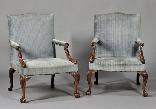 Fine pair of early George III carved mahogany library armchairs, circa 1765, est. $15,000-$25,000. Image courtesy of Skinner Inc.
