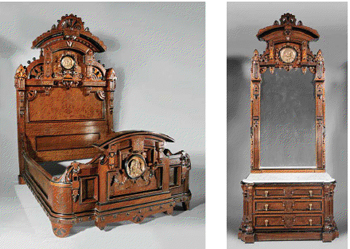 Attributed to Allen & Brother, Philadelphia, this late 19th-century Renaissance carved and ebonized walnut bedroom suite, consisting of two mirror-backed dressing chests and a bedstead, achieved $32,265. Image courtesy of Neal Auction Co.