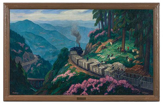 Glen Tracy (American, 1883-1856), signed and dated 1926, with artist's inscribed label on verso that states, ‘Loading cars with pulp wood / Smokey Mountains, North Carolina / Painted by Glen Tracy / 1926,’ housed in Arts and Crafts period frame; 59 1/2 x 35 1/2 inches, estimate: $3,000-$5,000. Image courtesy Cowan’s Auctions Inc.