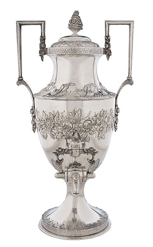 Samuel Kirk coin silver hot water urn, Baltimore, circa 1840, height 18 inches, width 9 1/2 inches, weight 92.97 ounces, estimate: $7,000-$9,000. Image courtesy Cowan’s Auctions Inc.