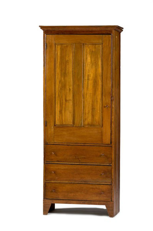 Shaker clothes press, American, circa 1830, poplar and pine, height 89 inches, width 33 3/4 inches, depth 18 1/2 inches, estimate: $2,000-$3,000. Image courtesy Cowan’s Auctions Inc.