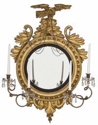 his classical girandole made about 1800 has all the features a collector desires. The mirror is convex, the frame is gilded pine and the top is a carved eagle. The four candles are held by scrolling arms and brass candle cups. Hammer price at a 2010 Cowan’s auction in Cincinnati was $20,000.