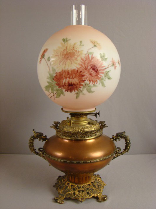 Bradley & Hubbard No. 8324 banquet oil lamp, 23 inches high, estimate: $50-$100. Image courtesy of Strawser Auction Group.