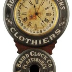 Advertising clock created by Baird to advertise its own company; book example, considered “king of all advertising clocks,” estimate $20,000-$30,000. Morphy Auctions image.