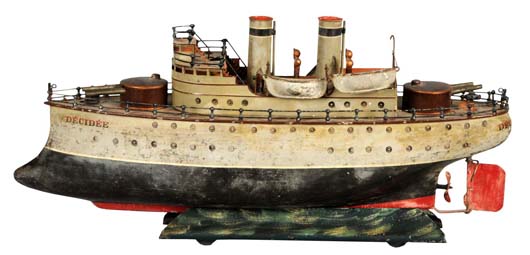 Tinplate Marklin (German) Decidee steam-driven gunboat toy, 21 inches, first series, includes four original lifeboats, estimate $10,000-$15,000.