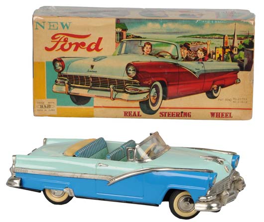 Circa-1954 lithographed-tin Ford Sunliner friction toy made by Haji, Japan, book example with original box, estimate $4,000-$6,000. Morphy Auctions image.