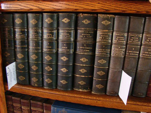 Georges Perrot and Charles Chipiez wrote ‘Histoire de L'Art dans L'Antiquite, Egypte, Assyrie, Perse, Asie Mineure, Grece, Etrurie, Rome,’ which was published in Paris from 1882 to 1911. The 10-book set in hardcover leather and marbled boards has a $5,000-$6,250 estimate. Image courtesy of Malter Galleries Inc.