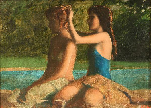 A contemporary oil on canvas depicting two girls by a pool, by Georgia artist James William ‘Bo’ Bartlett, is estimated at $3,000-$3,500. Image courtesy of Case Antiques.