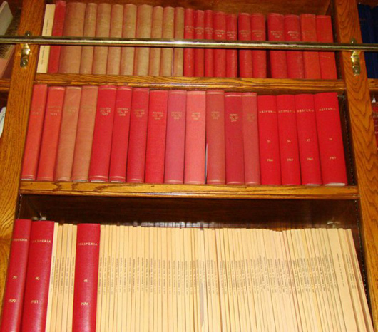 A near complete run up to 1990 of ‘Hesperia, Journal of the American School of Classical Studies at Athens,’ is expected to sell for $7,500-$9,375. Most of the 111 books are bound in red buckram with gilded lettering. Image courtesy of Malter Galleries Inc.